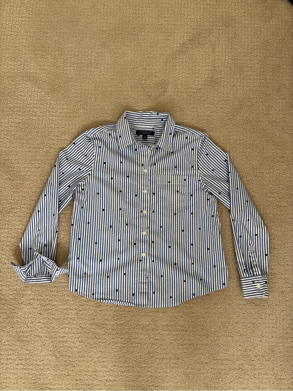 Banana Republic Navy and White Striped Button-Down Shirt with Heart Motif